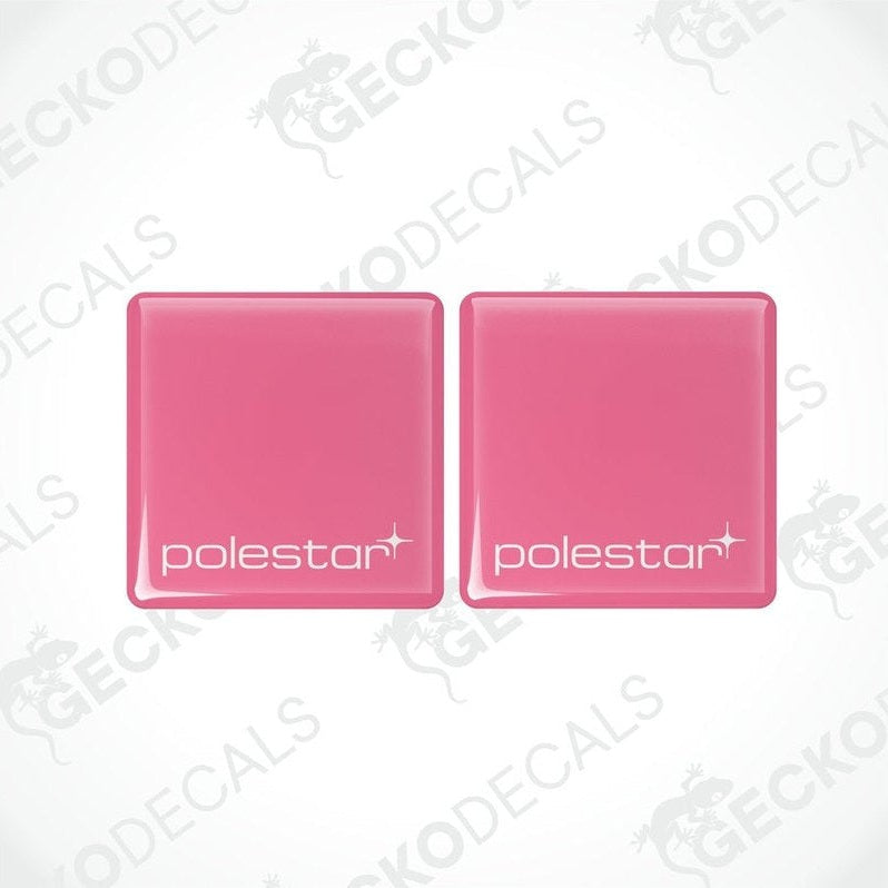 Two PINK square vinyl decals with the text 'polestar' written on them, placed on a white background.