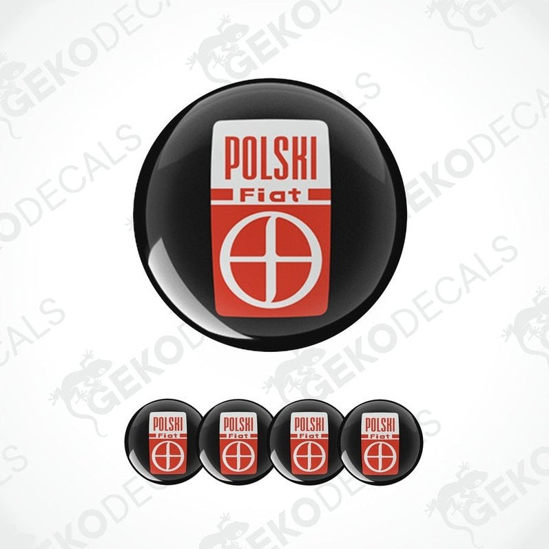 A set of four round decals with the text 'Polski Fiat' on a red and white background, designed for use on vehicle wheels.