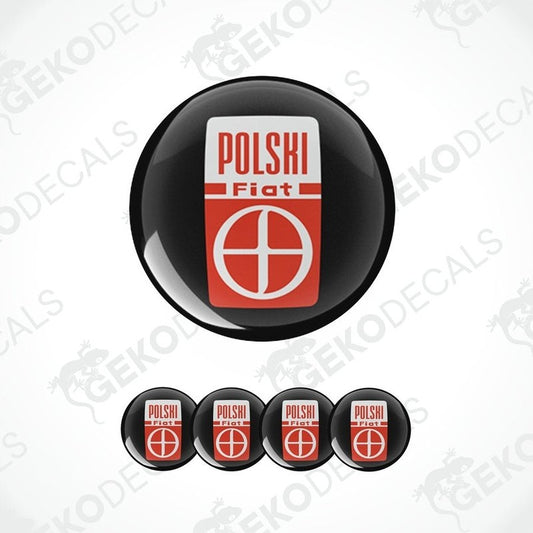 A set of four round decals with the text 'Polski Fiat' on a red and white background, designed for use on vehicle wheels.