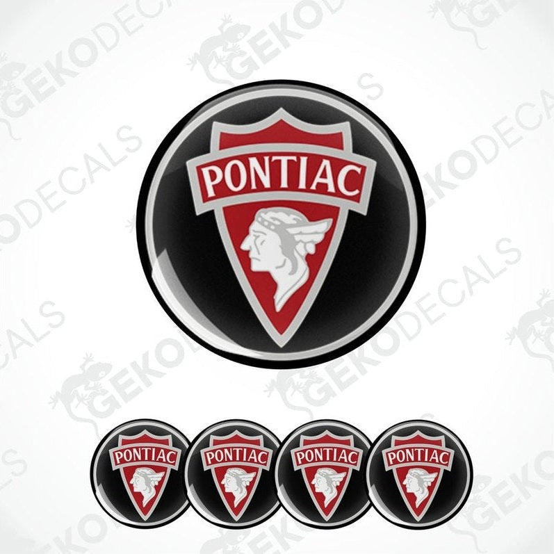 A set of four round vinyl decals with a polyurethane coating featuring the PONTIAC logo in red, white, and black.