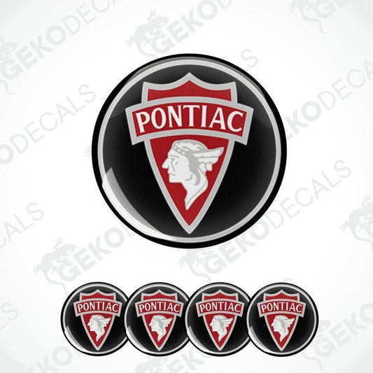 A set of four round vinyl decals with a polyurethane coating featuring the PONTIAC logo in red, white, and black.