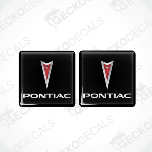 Two square-shaped vinyl decals with a polyurethane coating, featuring the PONTIAC logo in red, white, and black colors.