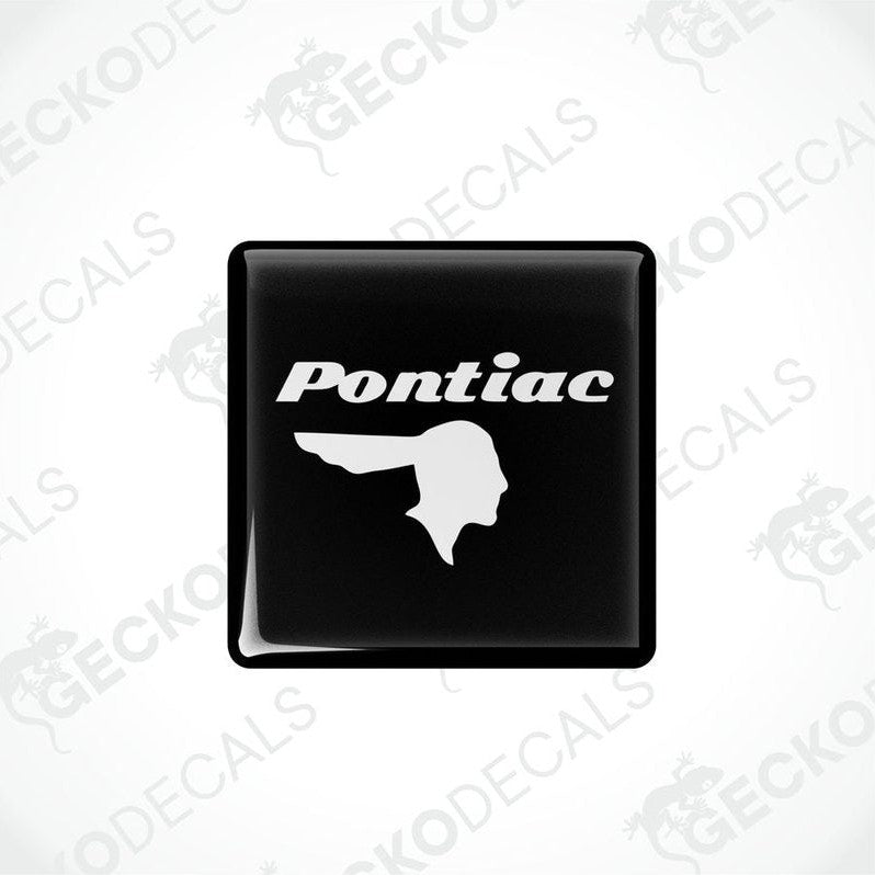  Black vinyl stickers with a withe geometric design PONTIAC, displayed on a BLACK background.