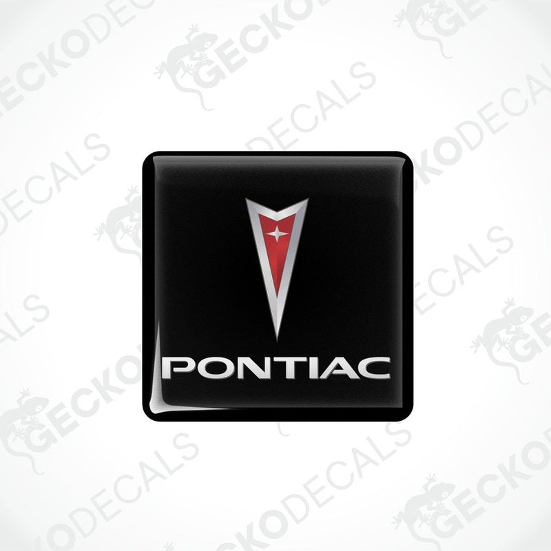 Square-shaped vinyl decals with a polyurethane coating, featuring the PONTIAC logo in red, white, and black colors.