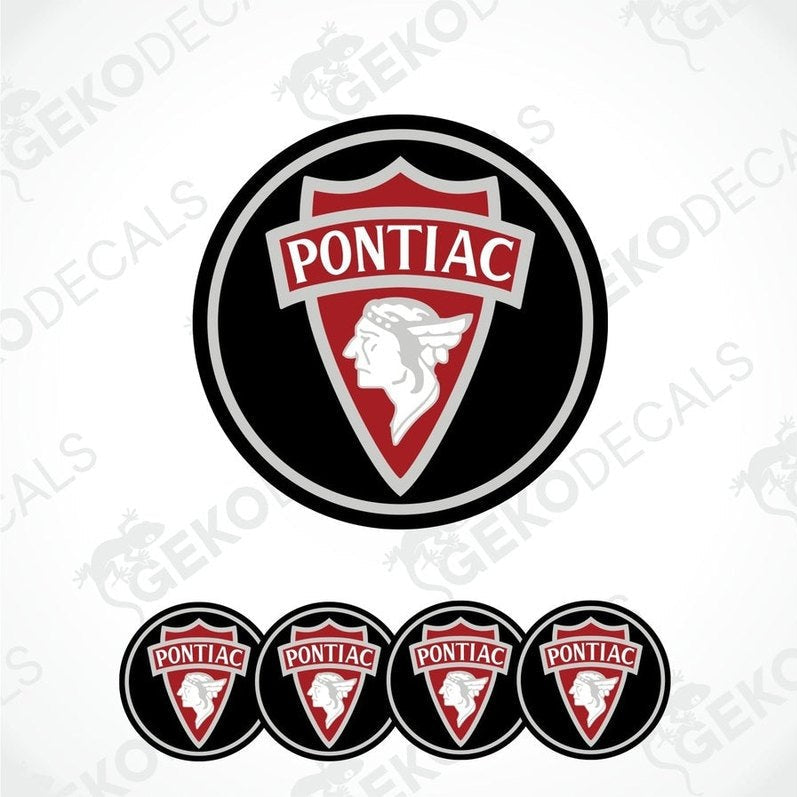 A set of four round vinyl decals with a polyurethane coating featuring the PONTIAC logo in red, white, and black.