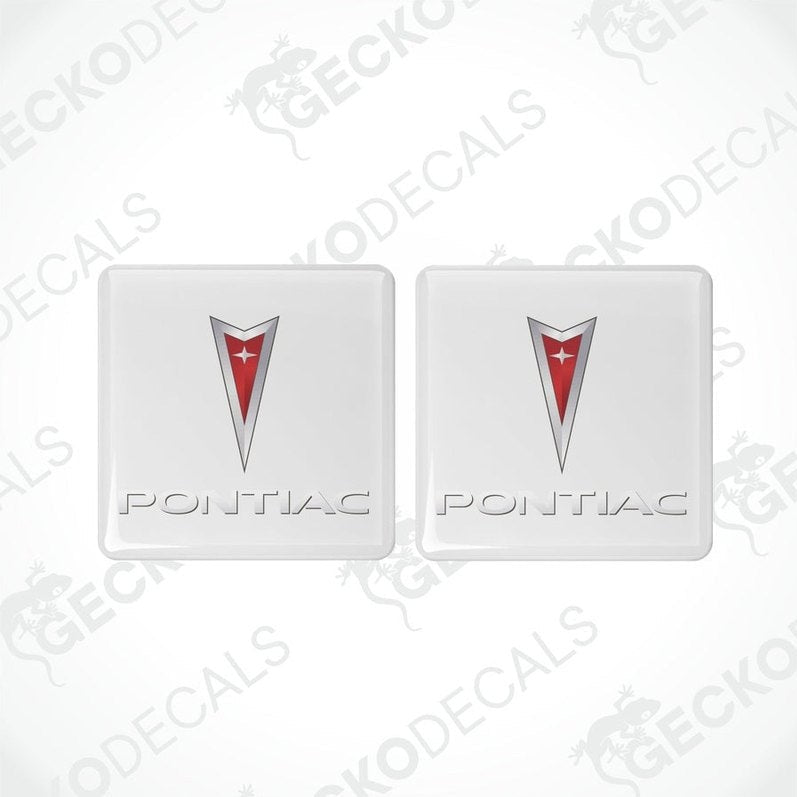 Two square-shaped vinyl decals with a polyurethane coating, featuring the PONTIAC logo in red, white, and silver colors.