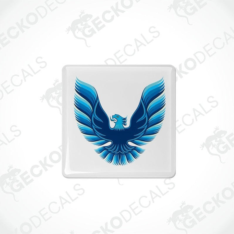 Withe vinyl stickers with a blue and white geometric design, displayed on a white background.
