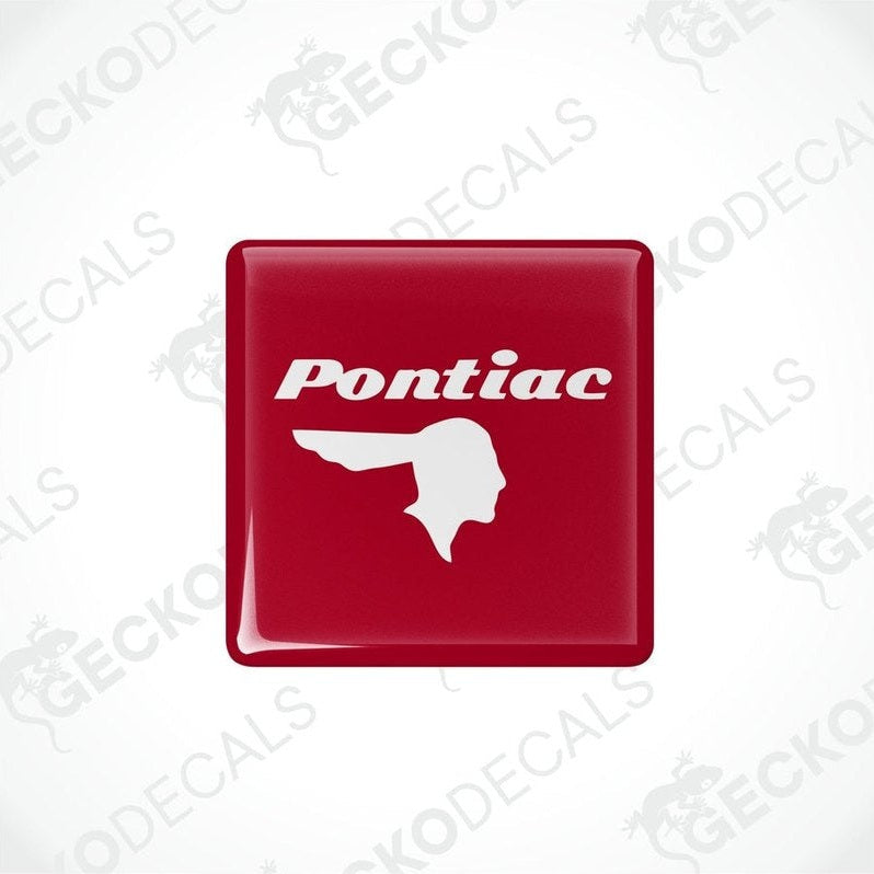 Red vinyl stickers with a withe geometric design PONTIAC, displayed on a red background.