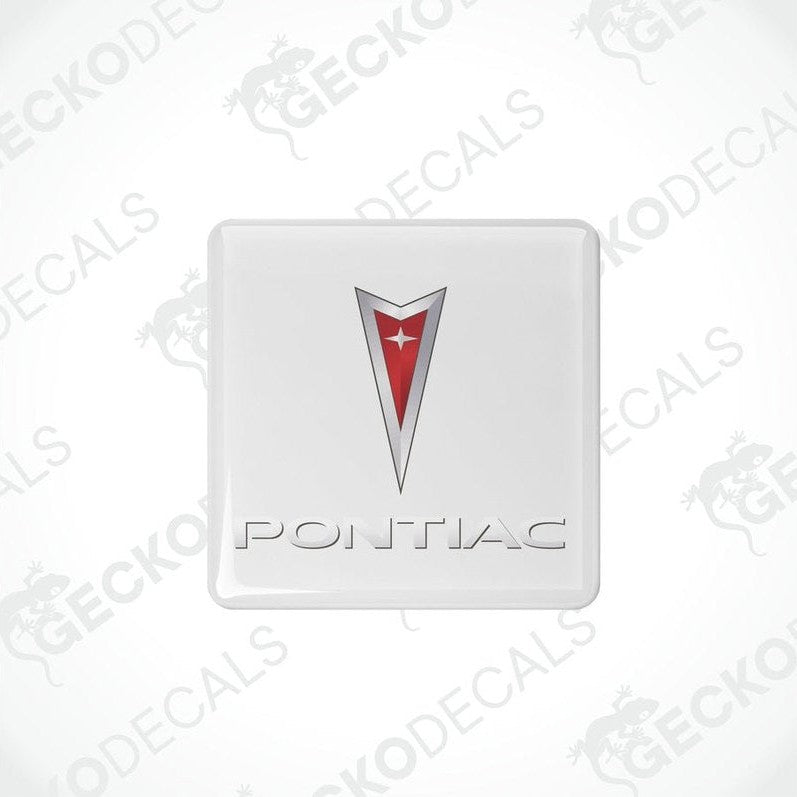 Square-shaped vinyl decals with a polyurethane coating, featuring the PONTIAC logo in red, white, and silver colors.