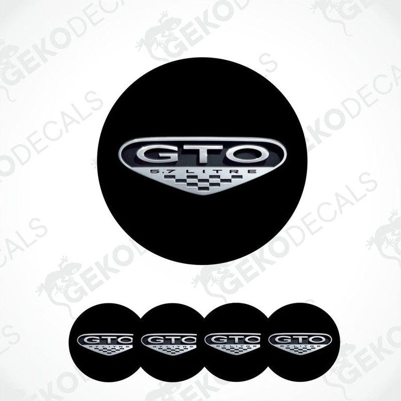 A set of four black vinyl stickers with the PONTIAC GTO logo printed on them.