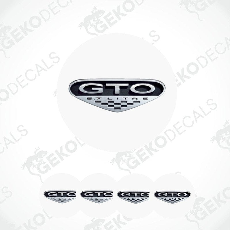 A set of four white vinyl stickers with the PONTIAC GTO logo in black.