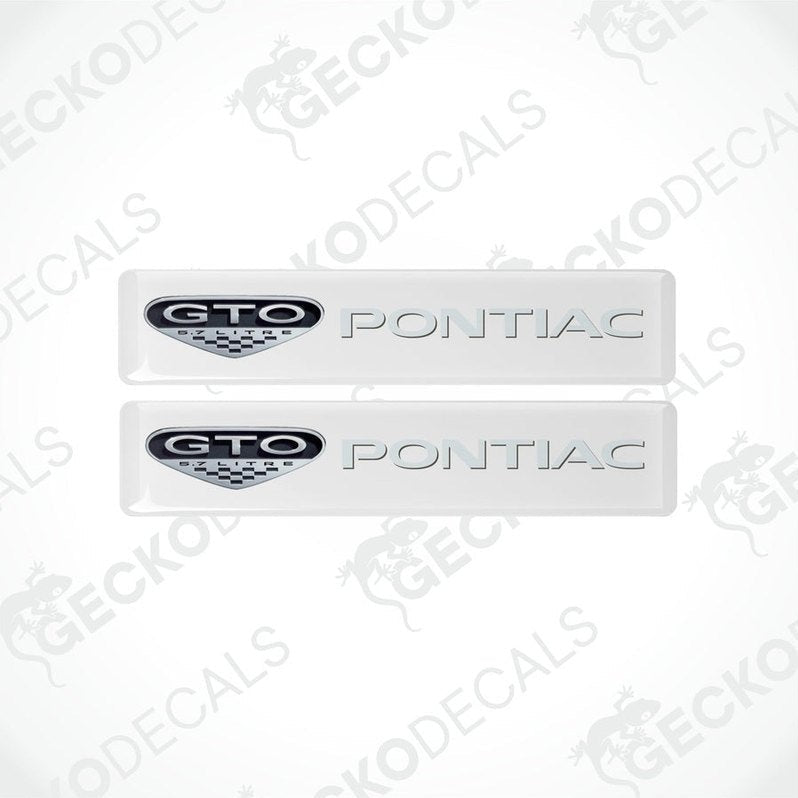 Two withe vinyl stickers with the PONTIAC GTO logo in black.