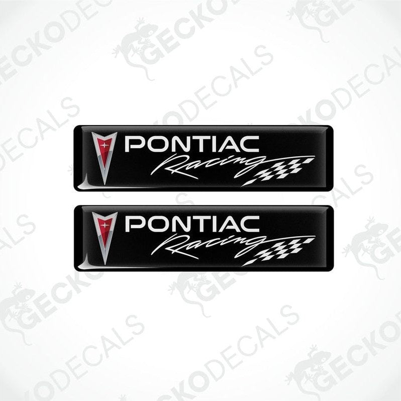 Two black vinyl stickers with the PONTIAC RACING text and a racing flag symbol in white and red.
