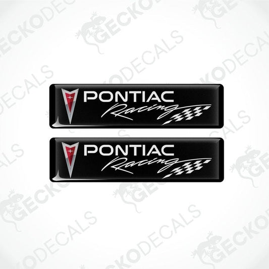 Two black vinyl stickers with the PONTIAC RACING text and a racing flag symbol in white and red.