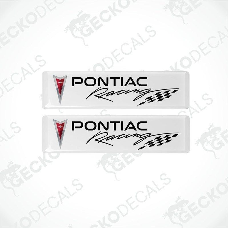 Two withe vinyl stickers with the PONTIAC RACING text and a racing flag symbol in black and red.
