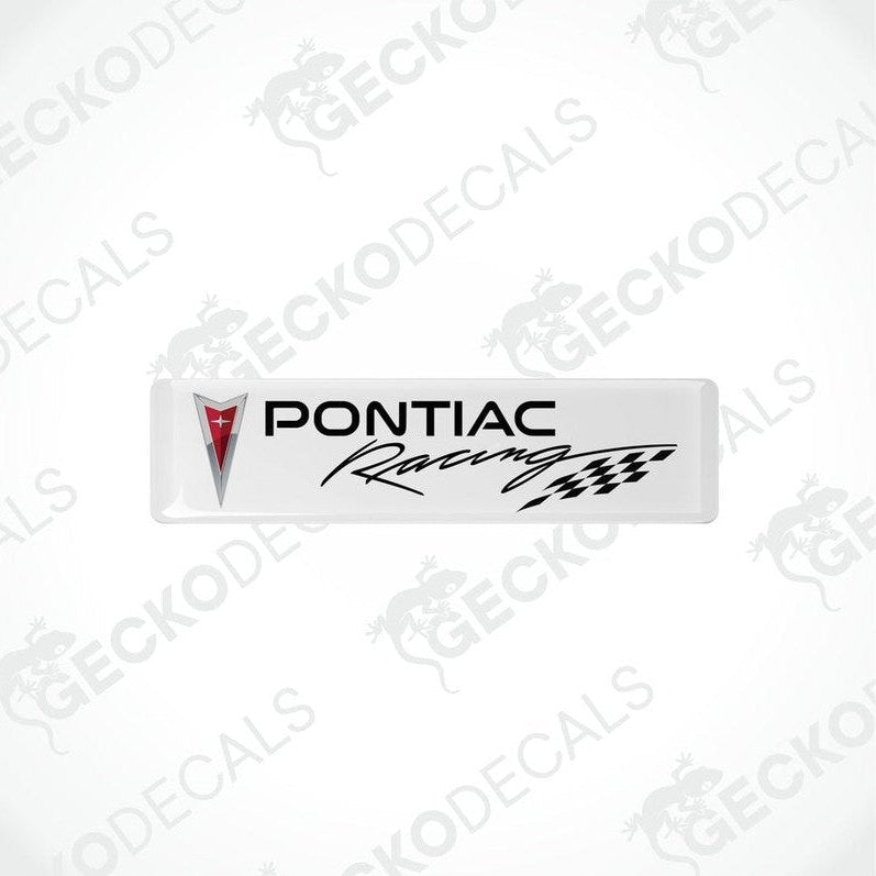 Withe vinyl stickers with the PONTIAC RACING text and a racing flag symbol in black and red.