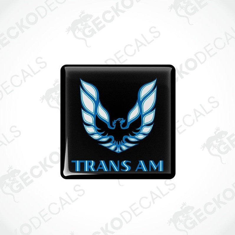 Black vinyl stickers with a blue and white geometric design TRANS AM, displayed on a black background.