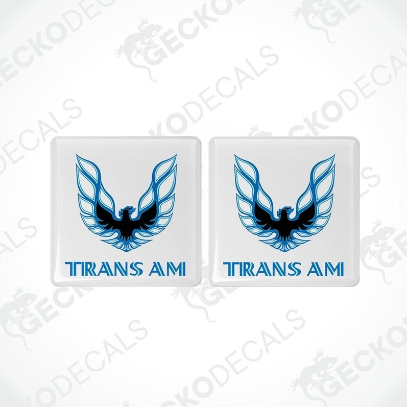 Two withe vinyl stickers with a blue and black geometric design TRANS AM, displayed on a withe background.