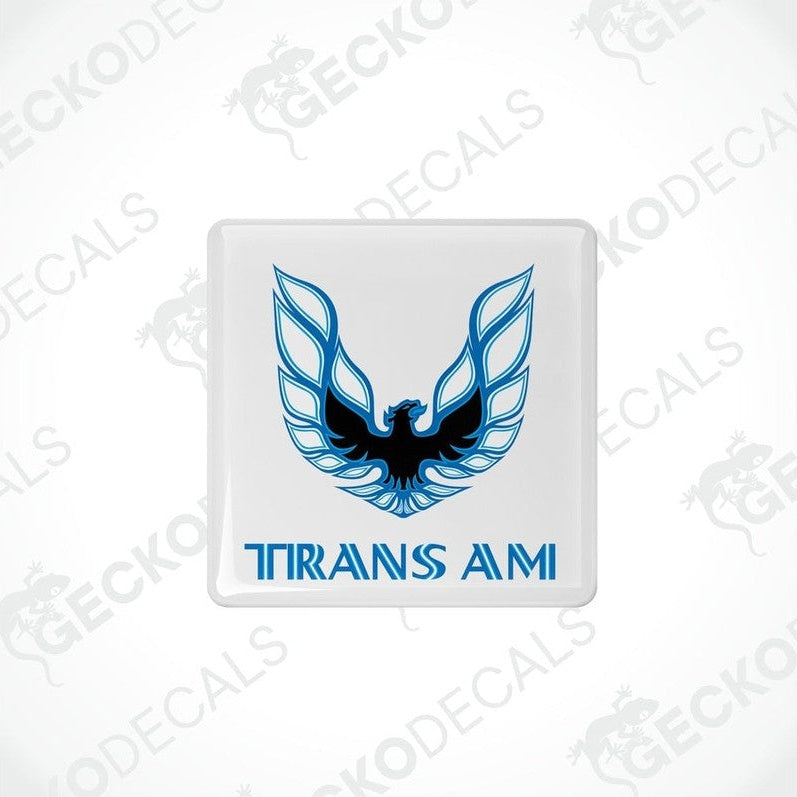 Withe vinyl stickers with a blue and black geometric design TRANS AM, displayed on a withe background.