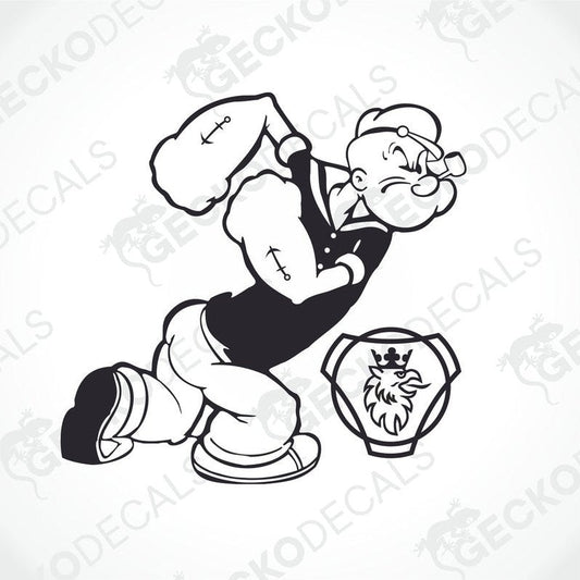A black and white decal of Popeye with a Scania truck logo.