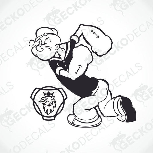 A black and white decal of Popeye with a Scania truck logo.