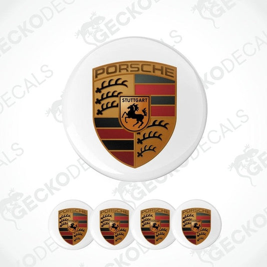 Set of Porsche logos on white circular backgrounds with 'Gecko Decals' branding.