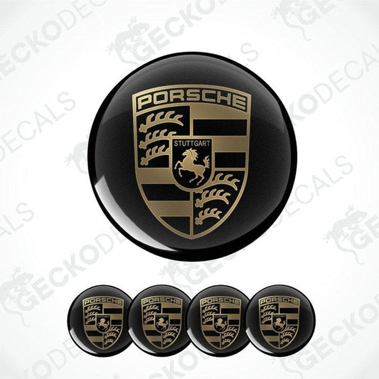 Set of Porsche logos on black round stickers with a white background.