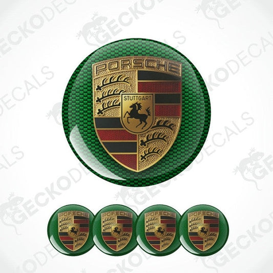 three-dimensional metallic gold Porsche logo on a dark green carbon round background