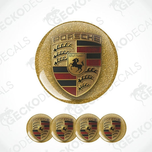 Gold Porsche emblem with brand name on a white background