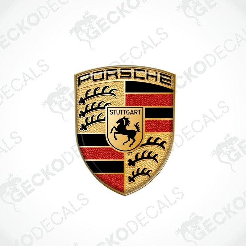 3D dome-shaped decals with Porsche logo and Stuttgart emblem, predominantly in black, red, and yellow colors.