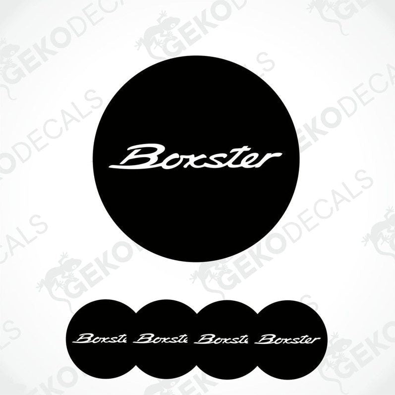 Set of four black round car decals with the text 'Boxster' on them, presented against a white background.