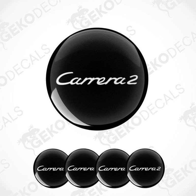 Set of four black round car decals with the text 'Carrera2' in white.