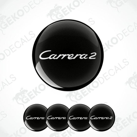 Set of four black round car decals with the text 'Carrera2' in white.