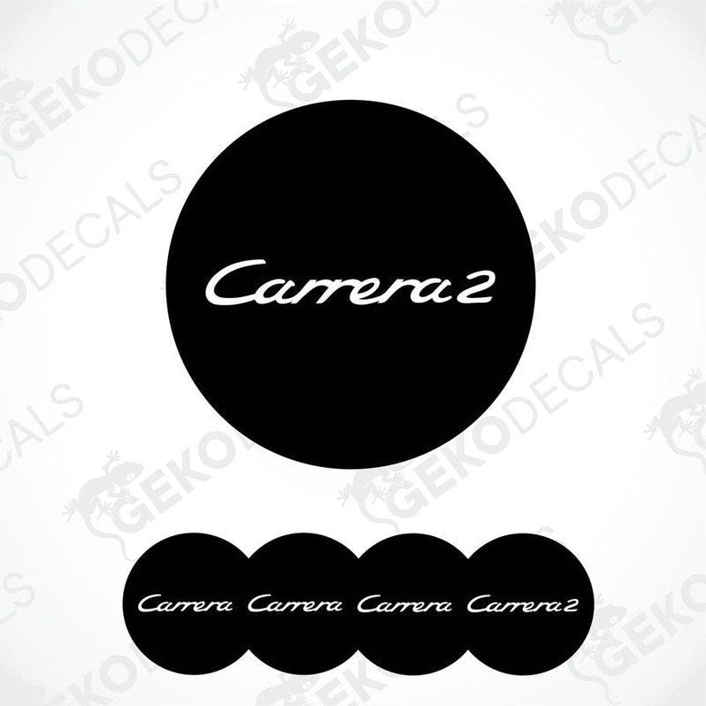 Set of four black round car decals with the text 'Carrera2' in white.