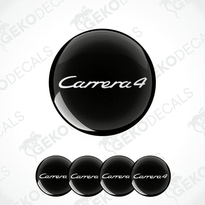 A set of four black vinyl stickers with the text 'CARRERA 4' designed for use on vehicle wheel caps.