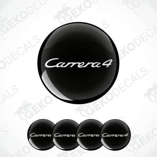 A set of four black vinyl stickers with the text 'CARRERA 4' designed for use on vehicle wheel caps.