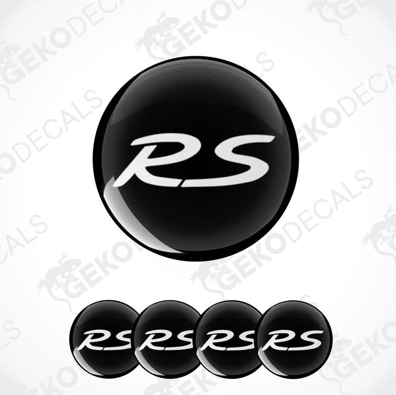 A set of four black vinyl stickers with the letter 'R' in the center, designed for use on car wheels.