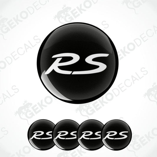 A set of four black vinyl stickers with the letter 'R' in the center, designed for use on car wheels.