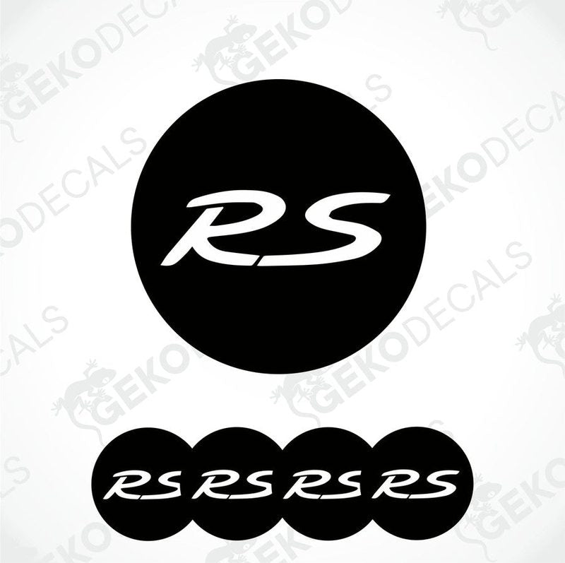 A set of four black vinyl stickers with the letter 'R' in the center, designed for use on car wheels.