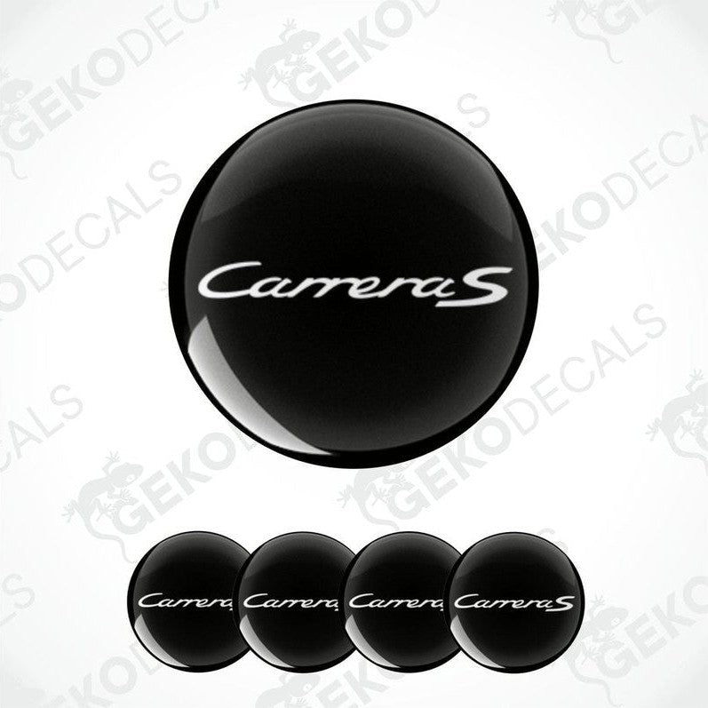 A set of four black vinyl stickers with the word 'CARRERA S' printed on them, arranged in a stack with the top sticker being the one that shows the word 'CARRERA S' the most clearly.
