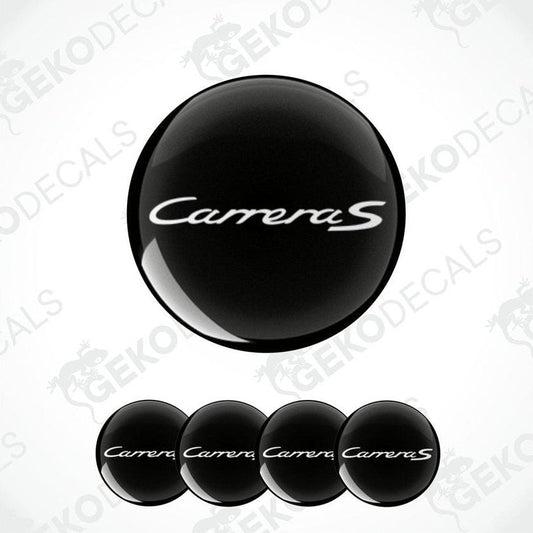 A set of four black vinyl stickers with the word 'CARRERA S' printed on them, arranged in a stack with the top sticker being the one that shows the word 'CARRERA S' the most clearly.