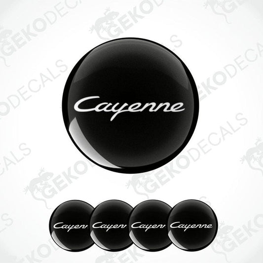 A set of four black vinyl stickers with the word 'CAYENNE' printed on them, designed for use as car decals.