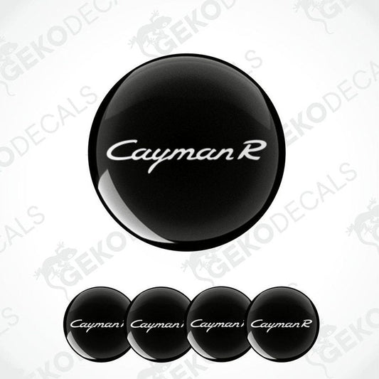 A set of four black vinyl stickers with the text 'CAYMAN R' on a white background.