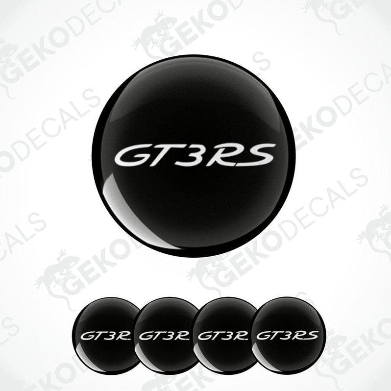 A set of four black vinyl stickers with the text 'GT3 RS' on a white background, with a logo depicting a sports car.