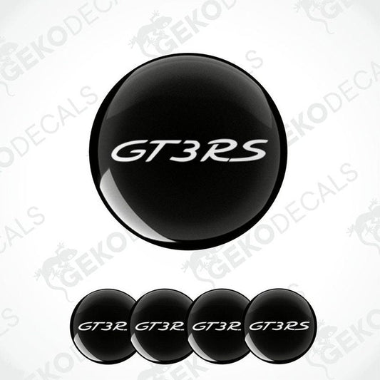 A set of four black vinyl stickers with the text 'GT3 RS' on a white background, with a logo depicting a sports car.