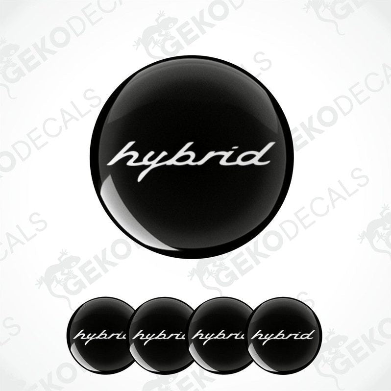 Set of four black and white vinyl decals with the word 'hybrid' written on them, displayed on a white background.