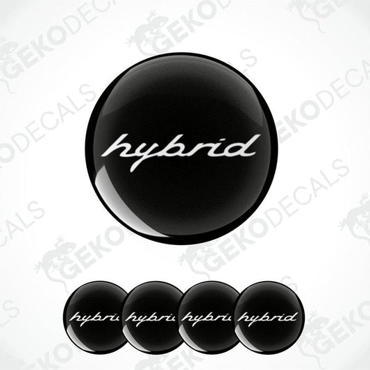 Set of four black and white vinyl decals with the word 'hybrid' written on them, displayed on a white background.