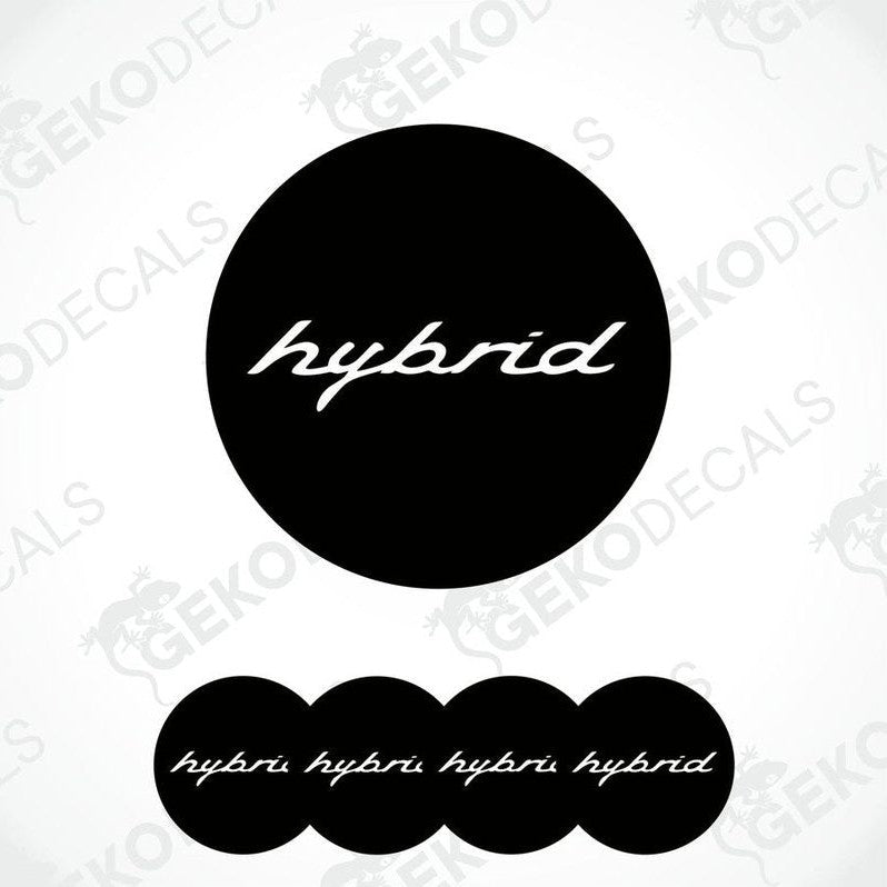 Set of four black and white vinyl decals with the word 'hybrid' written on them, displayed on a white background.