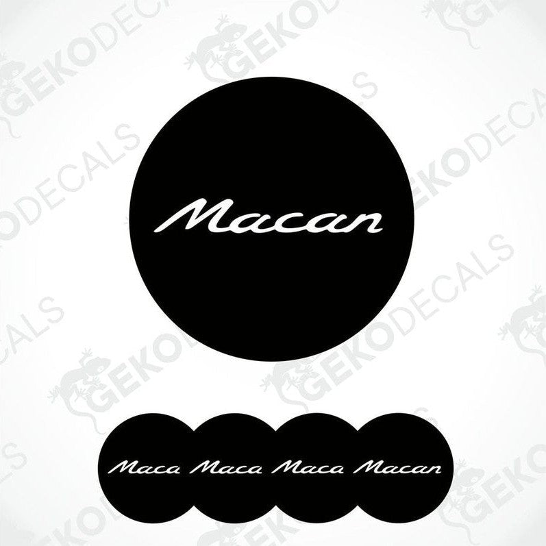 A set of four black vinyl stickers with the word 'MACAN' written on them, arranged in a dome shape with a visible brand logo in the center.