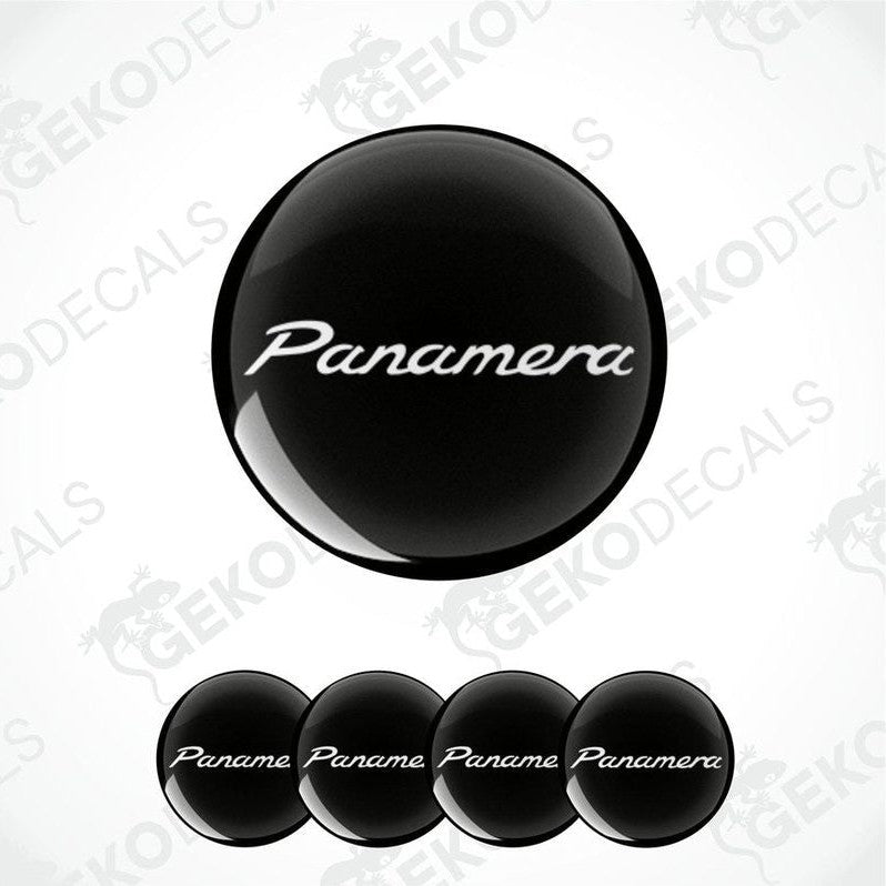 Set of four black vinyl decals with the text 'Panamera' on them, presented against a white background.